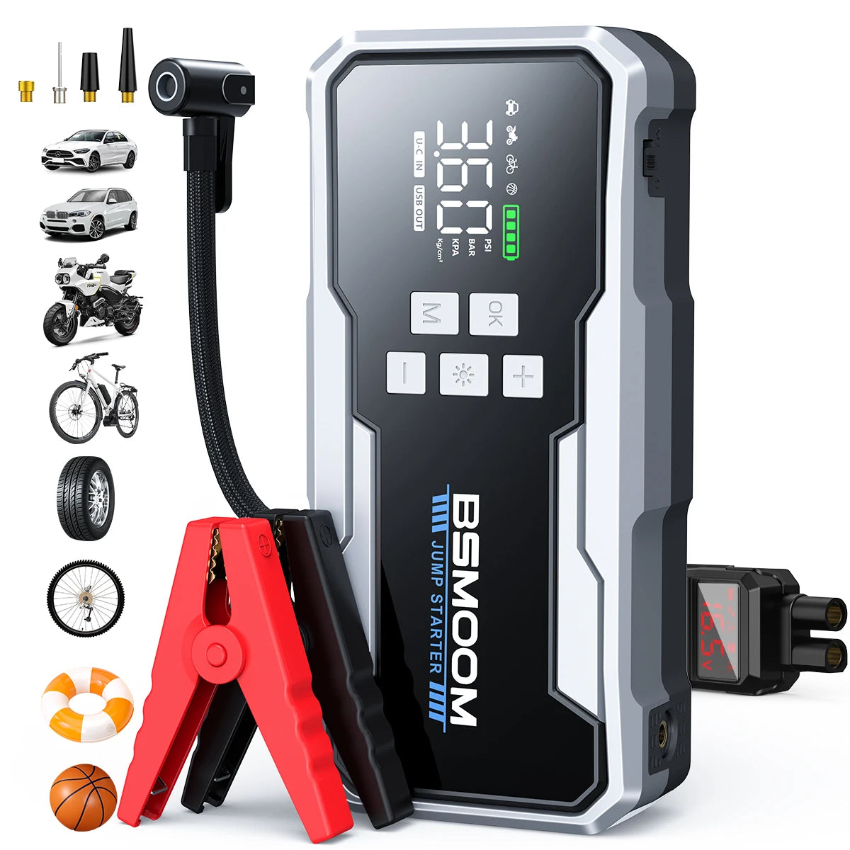 26800mAh Jump Starter with Air Compressor 1000A/1500A PEAK Booster Tyre Inflator Portable Car Battery Power Bank Charger Air Pump,with LCD Display, Jump Starter Power Bank (All Gas/ 8.0L Diesel), LED Light, Design for Cars,