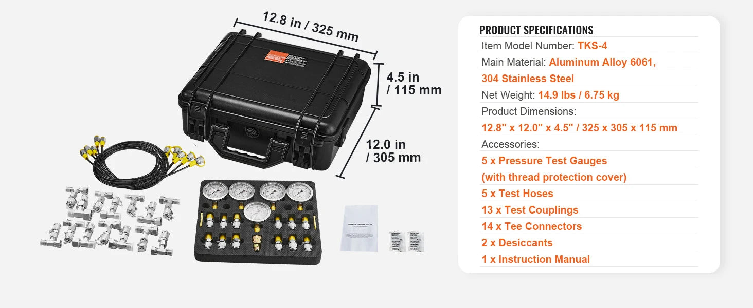 SucceBuy Hydraulic Pressure Test Kits Excavator Hydraulic Test Gauge Sets with Carrying Case for Excavator Tractors Machinery