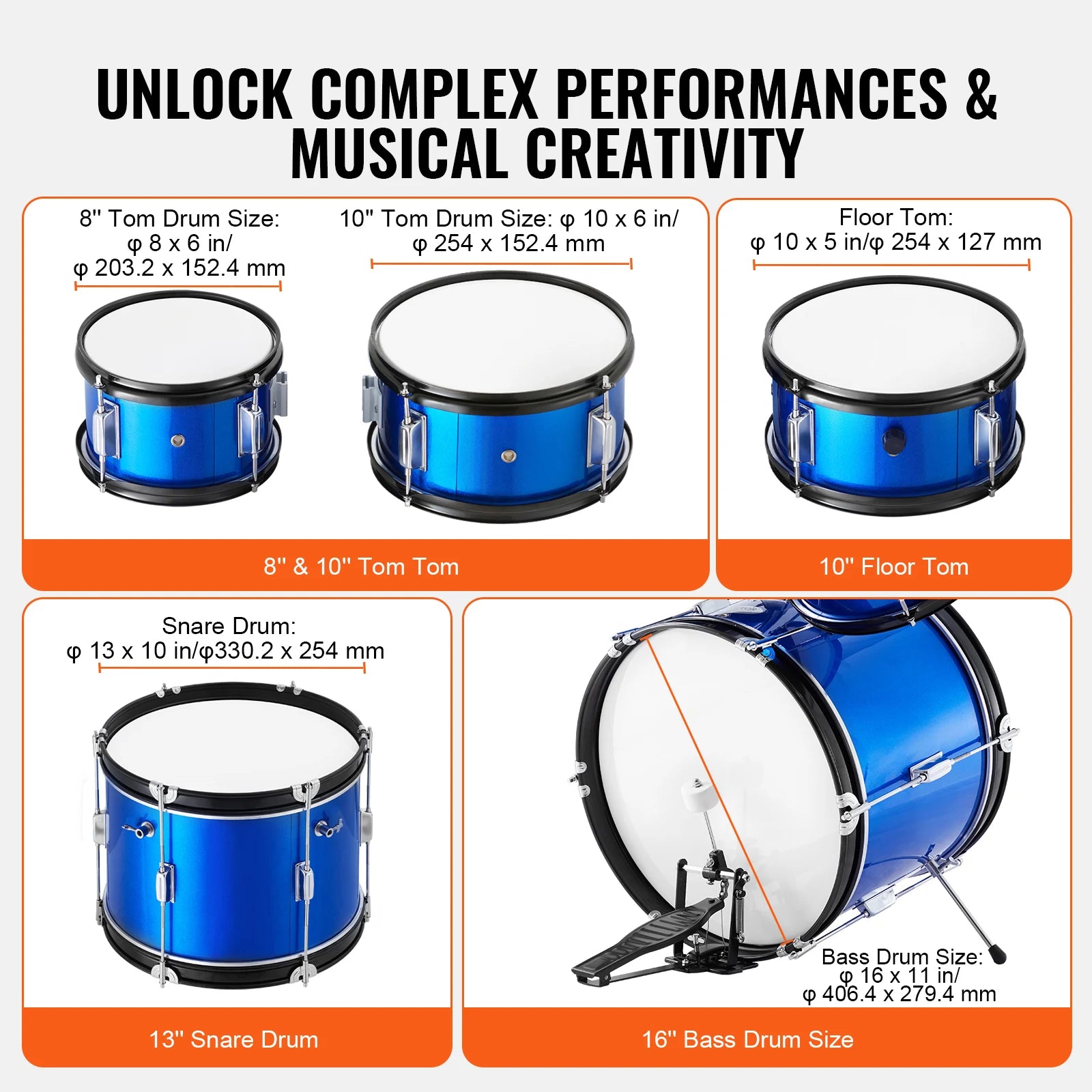 5-Piece Kids Drum Set 16'' Beginner Kit with Bass, Snare & Toms