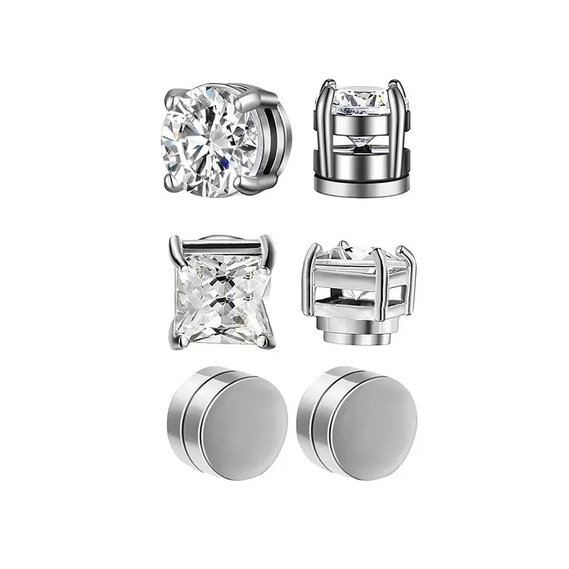 6 Pcset Strong Magnetic Ear Stud Clip Earrings for Men and Women Punk Round Zircon Magnet Earrings Non Piercing Jewelry