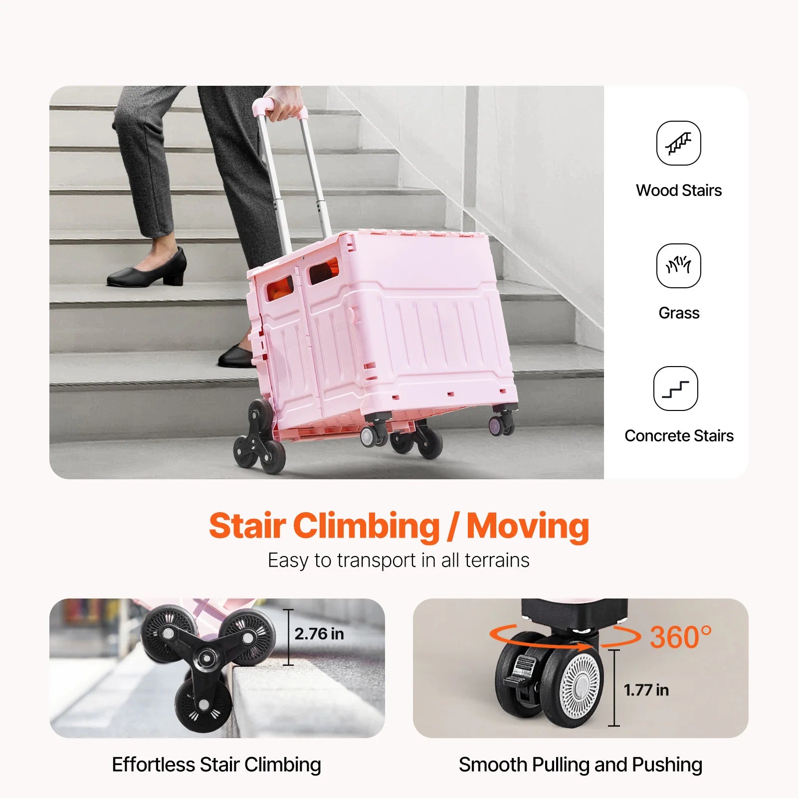 Trappestigende foldbar vogn med hjul, 150 lbs kapacitet transportvogn
