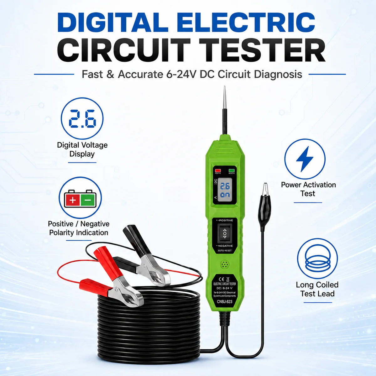 Smart Car Circuit Tester 823, s LED zobrazením napätia - napájanie USB, kompatibilné s vozidlami 3,5–36 V DC
