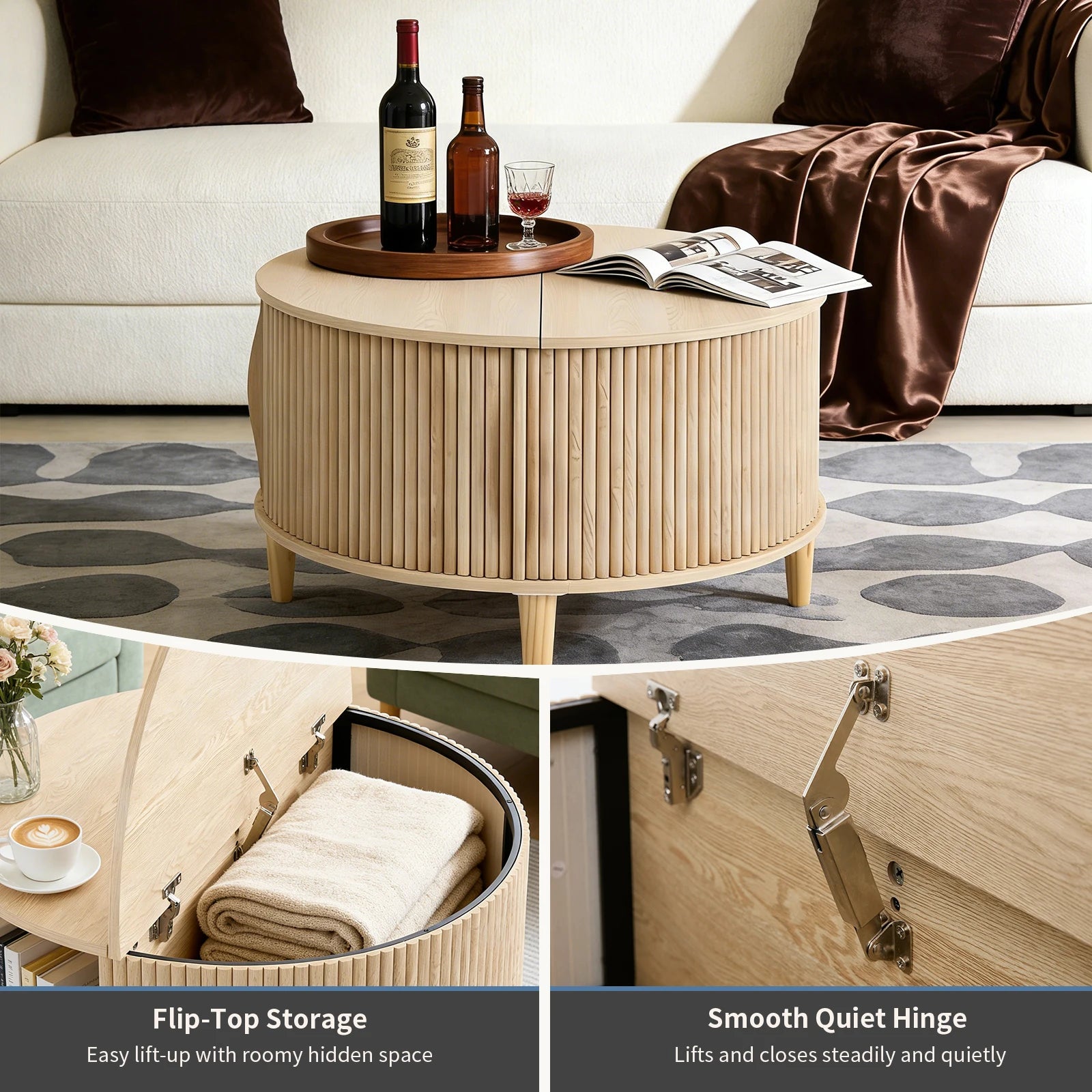 31in Round Coffee Table with Flip-Top Storage and Sliding Door