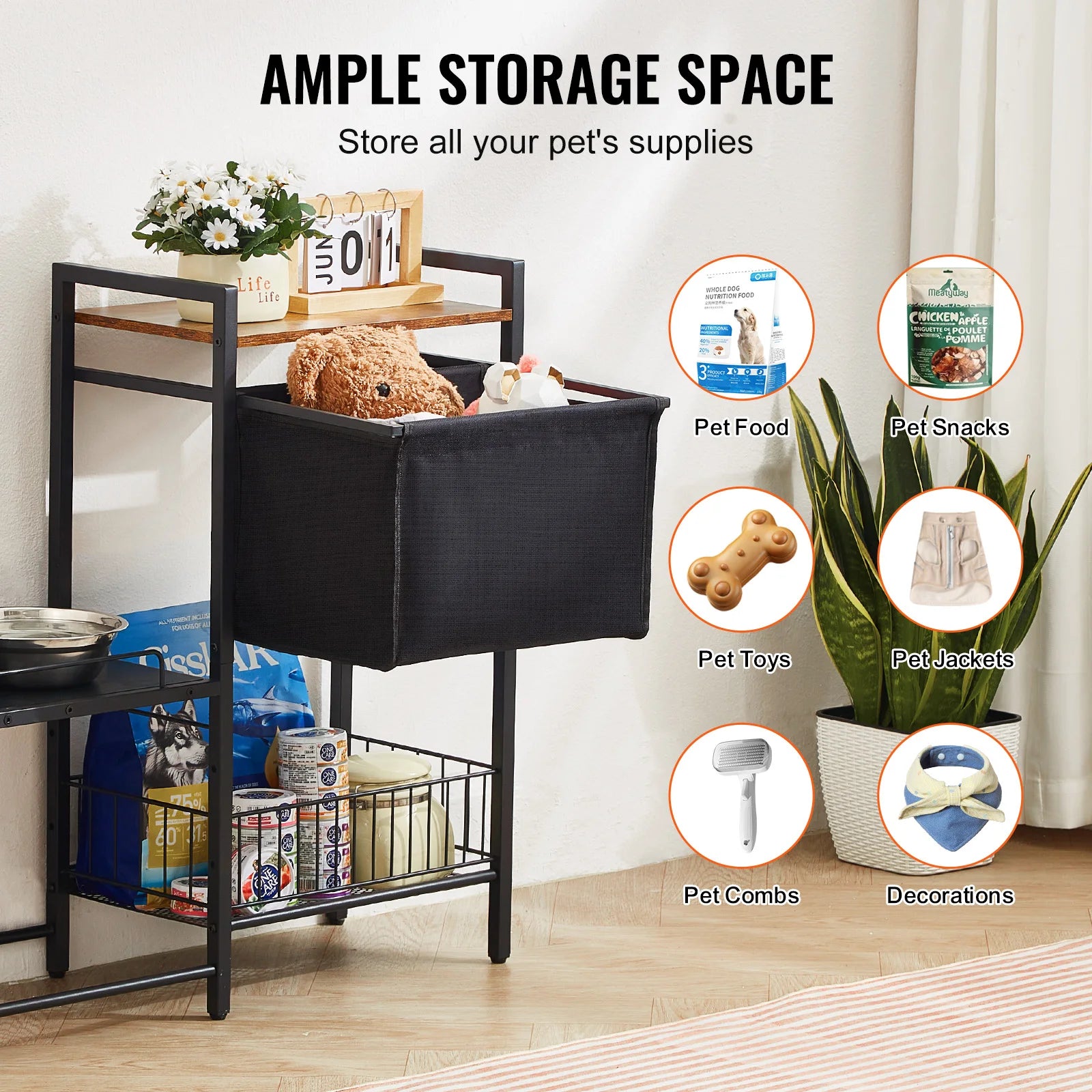 Pet Feeding Station with Storage, Elevated Dog Bowl Stand