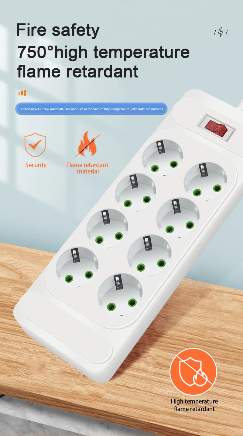 EU Plug AC Outlet Multitap Power Strip 2m Extension Cord Electrical Socket Smart USB Home Office Surge Protector Network Filter