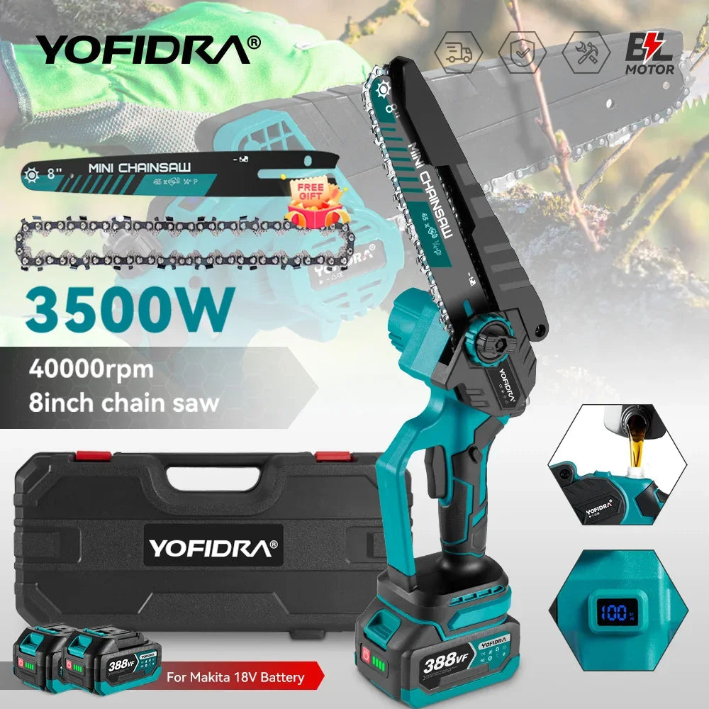 YOFIDRA 8 Inch Brushless Electric Chainsaw Cordless Rechargeable Garden Woodworking Cutting Power Tools For Makita Battery Pin