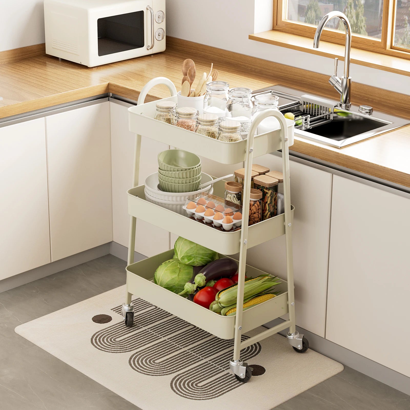 3-Tier Rolling Storage Cart with Lockable Wheels for Small Spaces