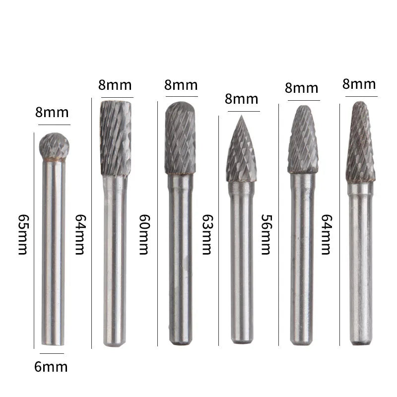 5pcs Double Groove Rotary File 6mm Grinding Head Tungsten Carbide Burr Milling Cutter Drill Bit Set Finishing Metal Mould