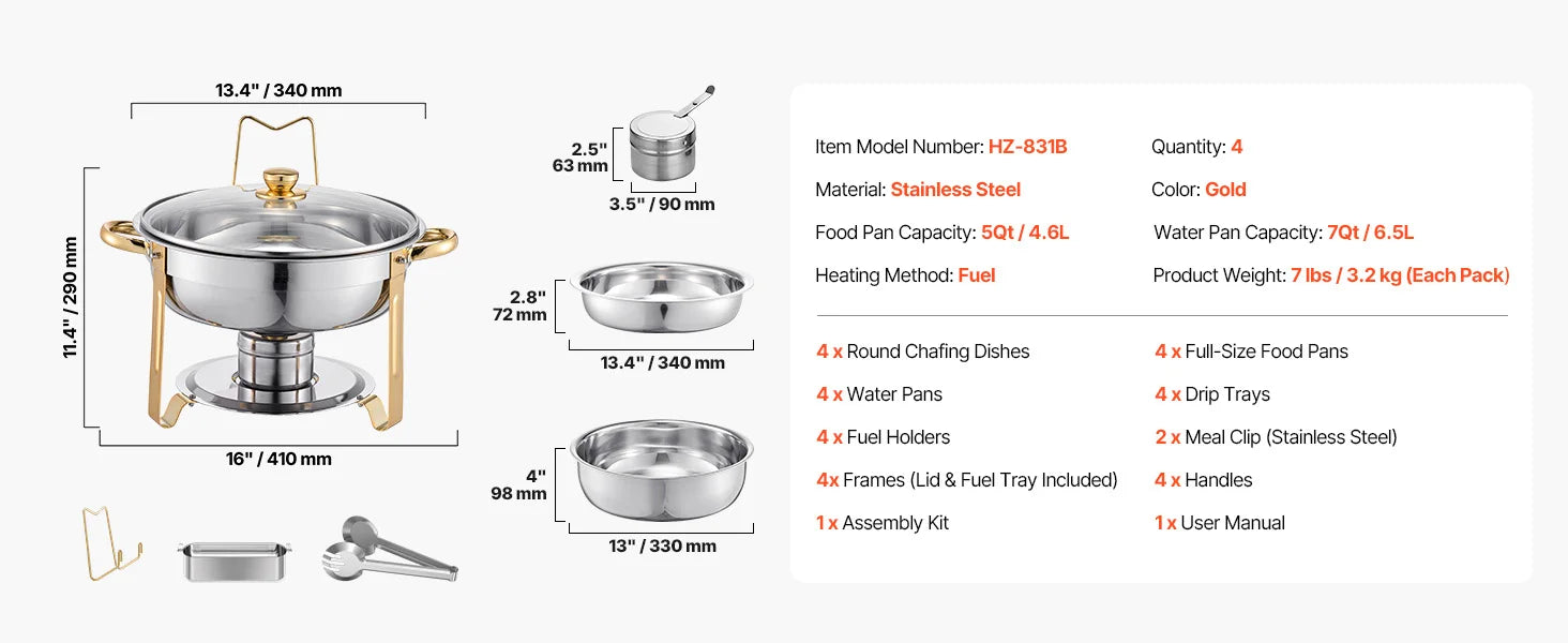 SucceBuy 5 Qt 2 4-pak rund buffetvarmer i rustfrit stål med 4 fuld størrelse fade, cateringvarmer til fest