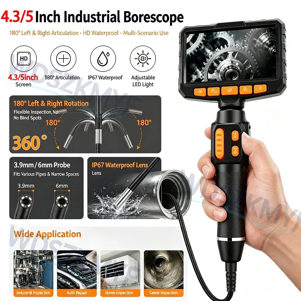 3.9mm 6mm Articulating Borescope with 4.3/5 Inch Screen 1080P HD LED Lights