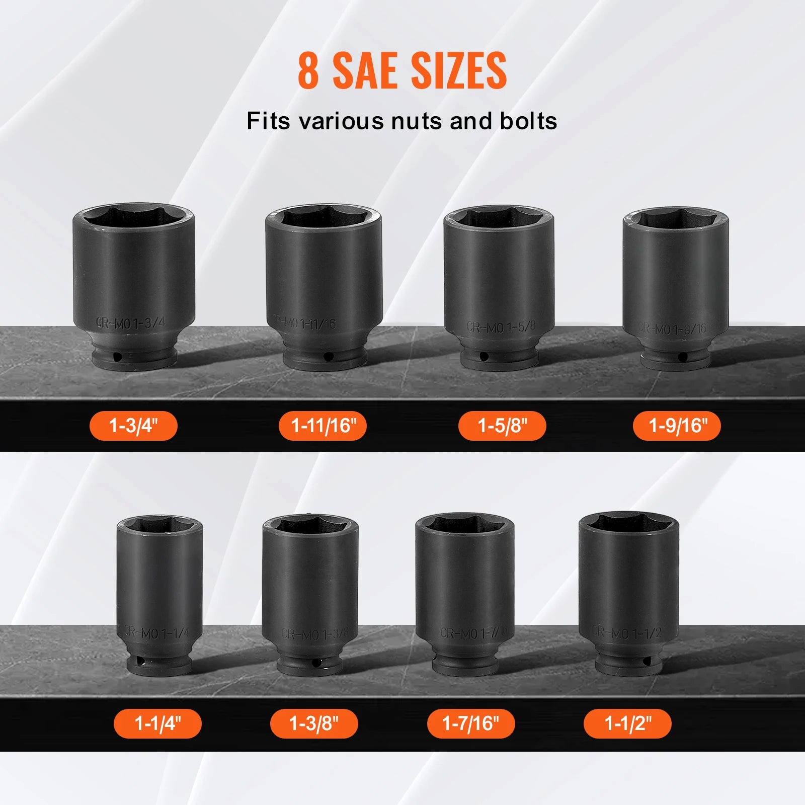 SucceBuy Axle Nut Impact Socket Set Drive Deep 6-Point 8-Piece SAE Spindle Nut Socket Set CR-MO Heat Treated Large Socket Set