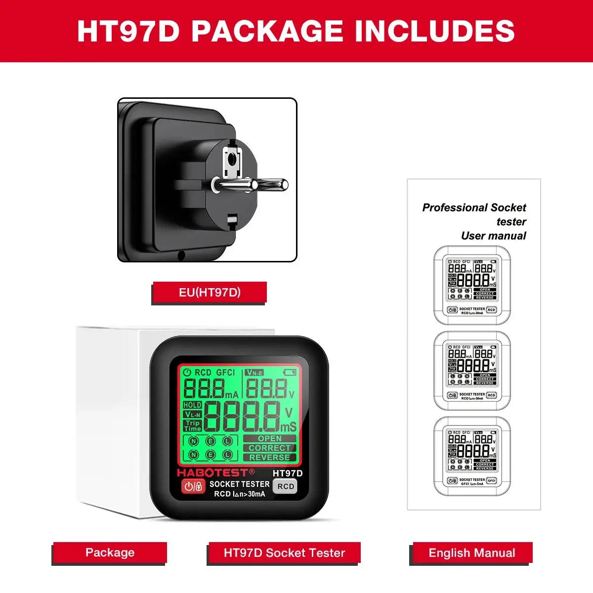 HT97 Digital Socket Tester - Regional Plugs