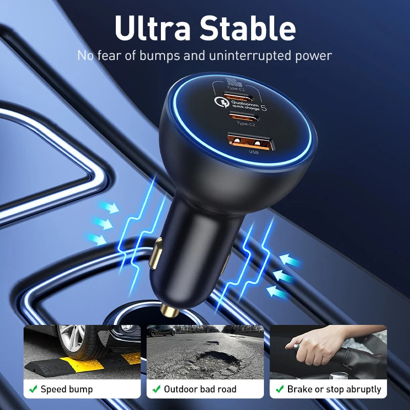 160W Rýchla autonabíjačka QC5 PD3.0 USB-C s dvoma portami pre telefóny a notebooky