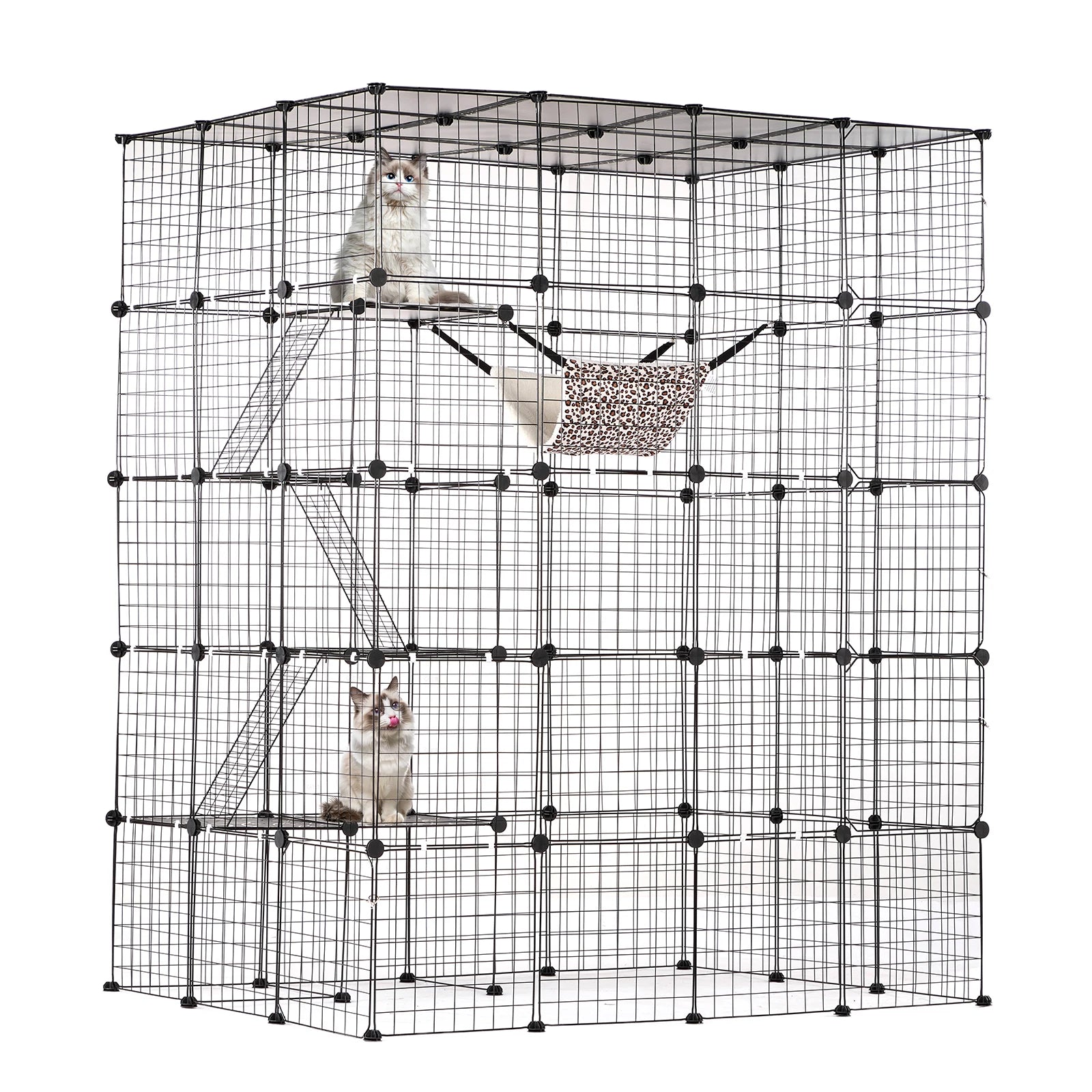 Gaiola grande para gatos SucceBuy, gaiola de metal com separação, jaula de arame com portas frontais, rede para gatos, rampa, escadas, casinha, espaço para exercício para gato