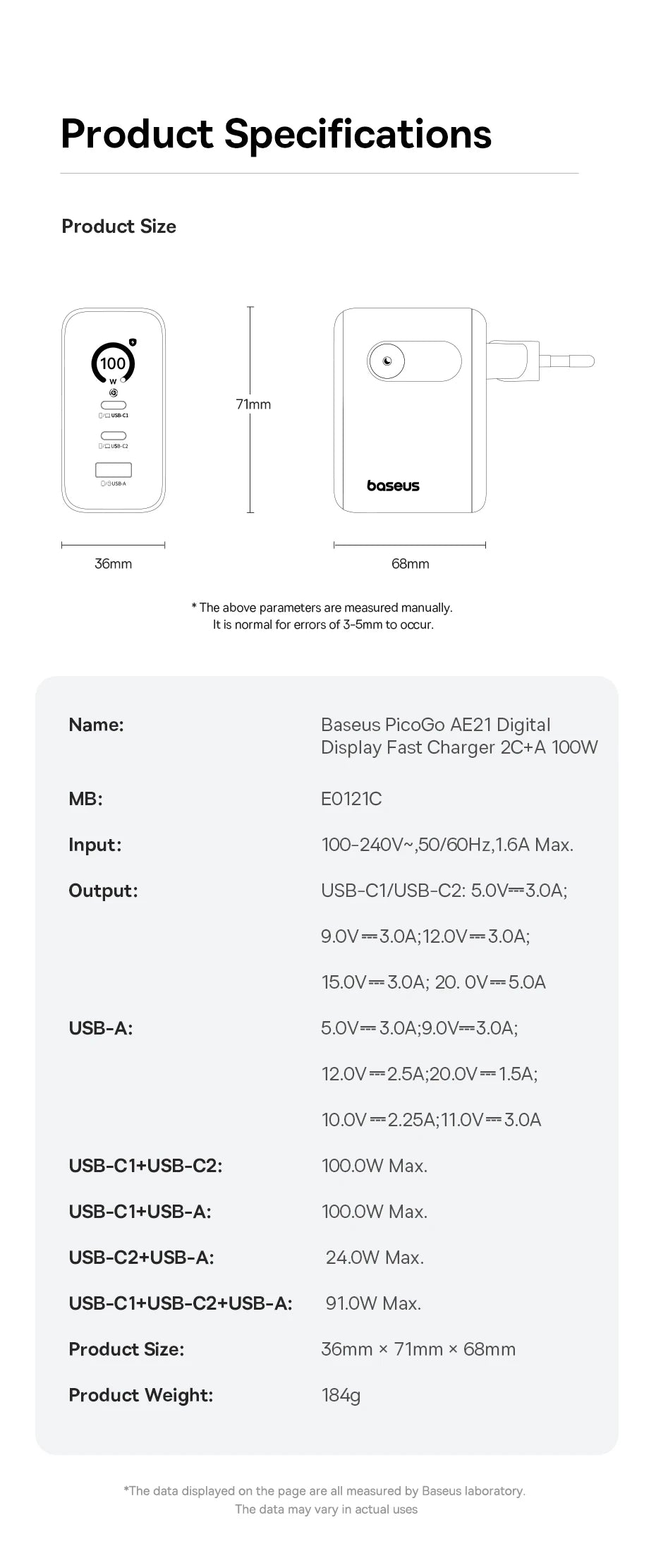 Baseus 100W GaN rychlá nabíječka s displejem, 3 porty USB-C a USB-A