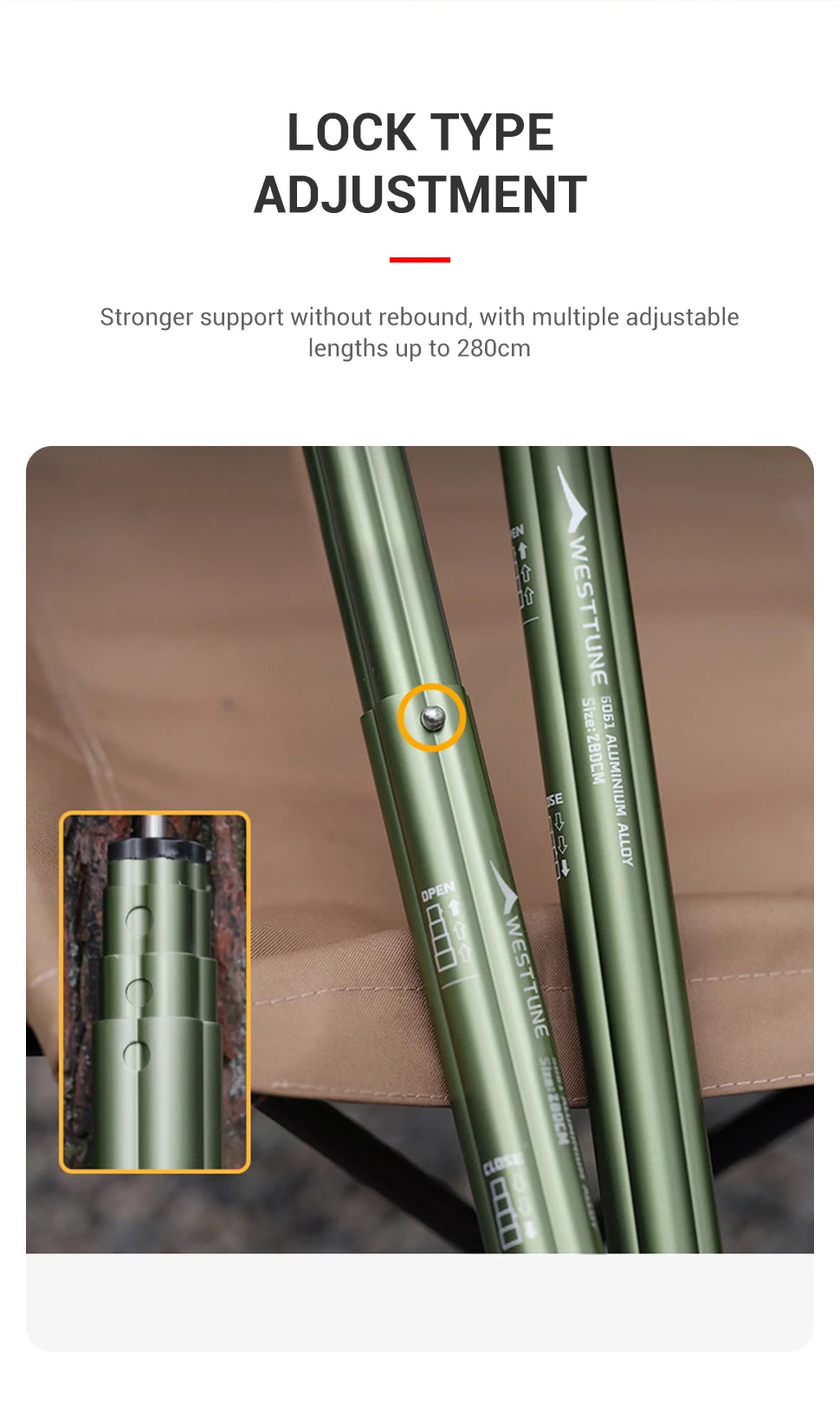 Adjustable Aluminum Tent Pole for Camping, Beach Shelters