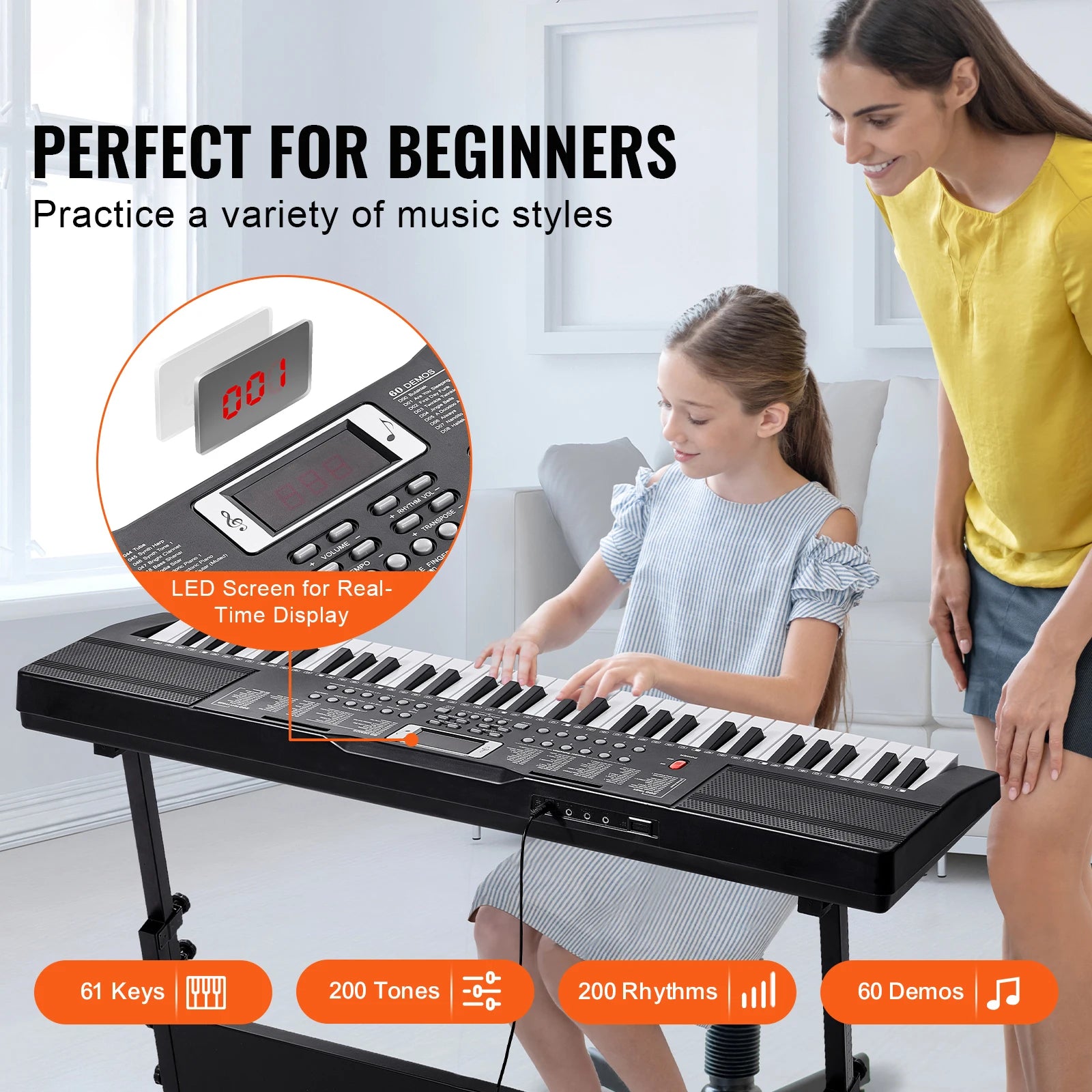61-Key Digital Keyboard Piano with 200–600 Tones for Beginners