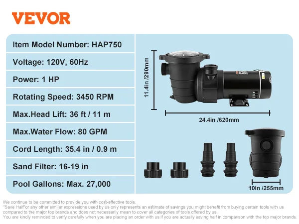 Nadzemní bazénové čerpadlo 1HP–2HP s jednou rychlostí a filtračním košem