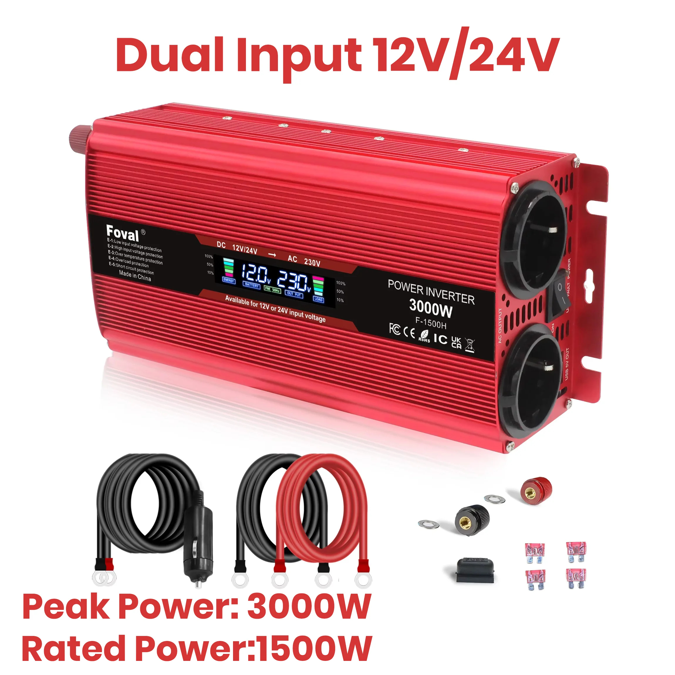Мощен инвертор 1500W/2000W/2600W/3000W с LCD дисплей DC 12V към AC 220V, соларен, с 2 USB порта, автомобилен трансформатор, конвертор, EU щепсел, модифицирана синусоида 50Hz