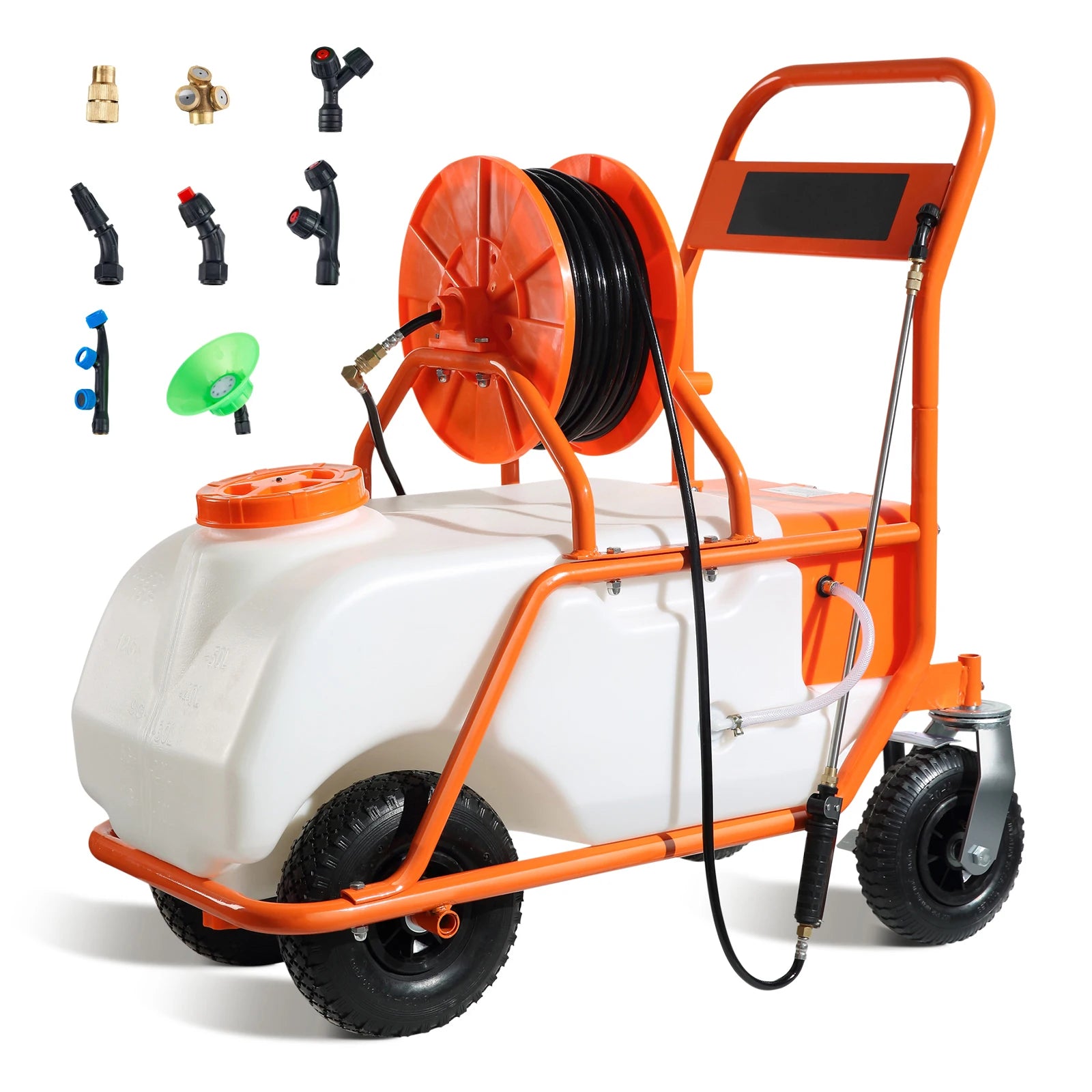 Pompe à lessive powered par batterie de 15 gal agricole à gâchette avec chariot à roues, tuyau de 126 pieds avec enrouleur, 8 gicleurs, 2 manches avec verrouillage pour cultures