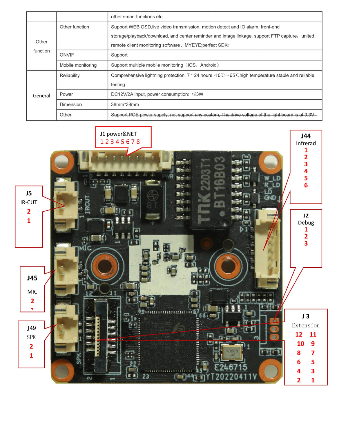 Módulo de cámara IP mini 4K en placa 38x38 mm