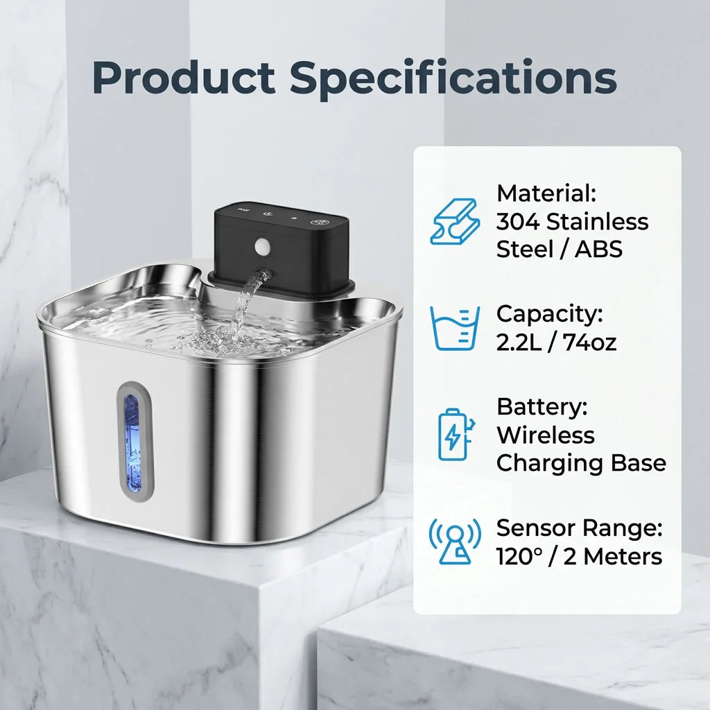 2.2L Wireless Recharging Sensor Stainless Steel Pet Water Fountain
