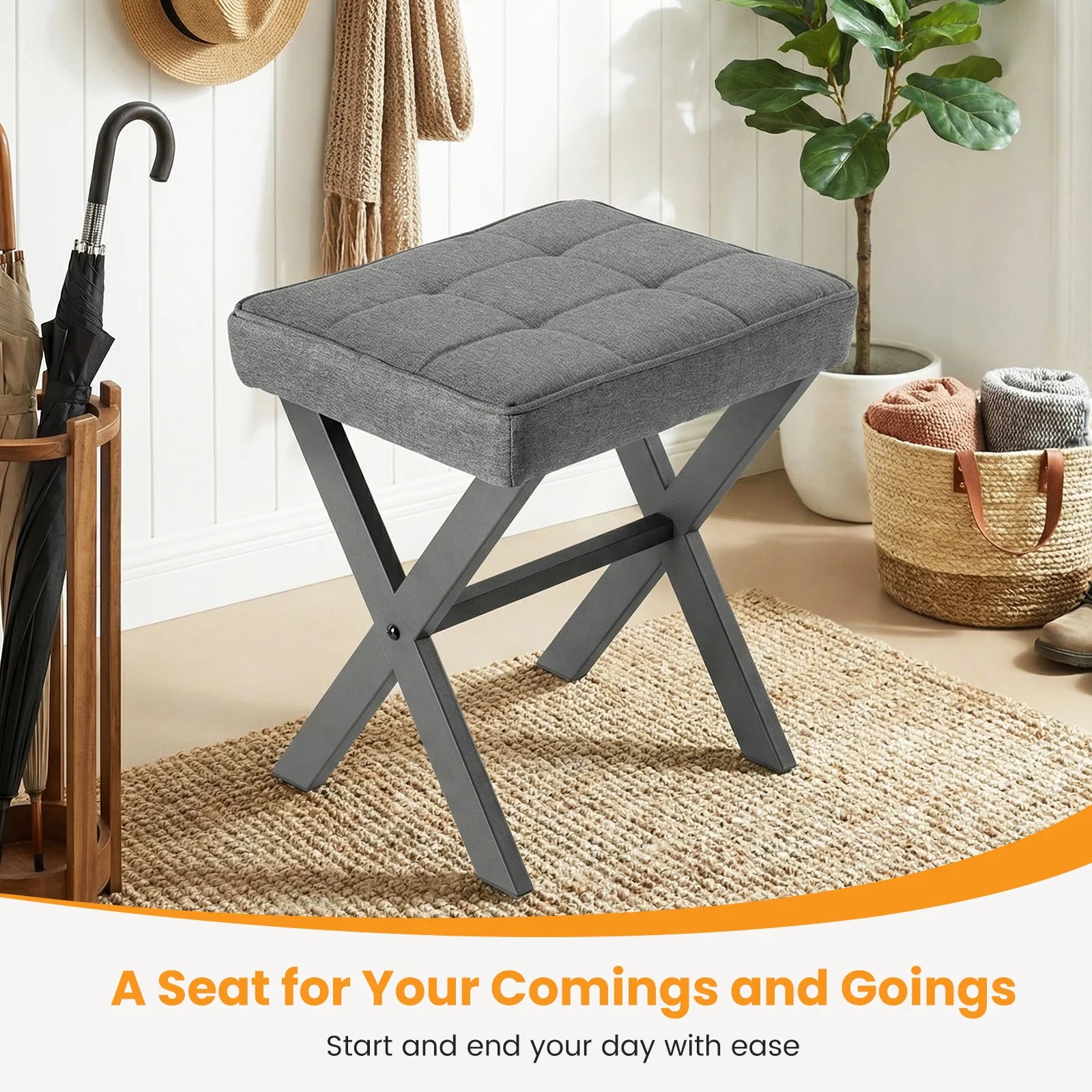 Folding Linen Ottoman with Storage & Metal Legs Padded Seat