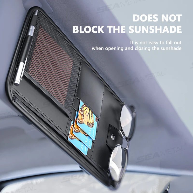 SEAMETAL 9 in 1 Sun Visor Organizer for Car PU Leather Zipper Storage Bag Net Pouch Auto Storage Pocket with Glasses/Card Holder