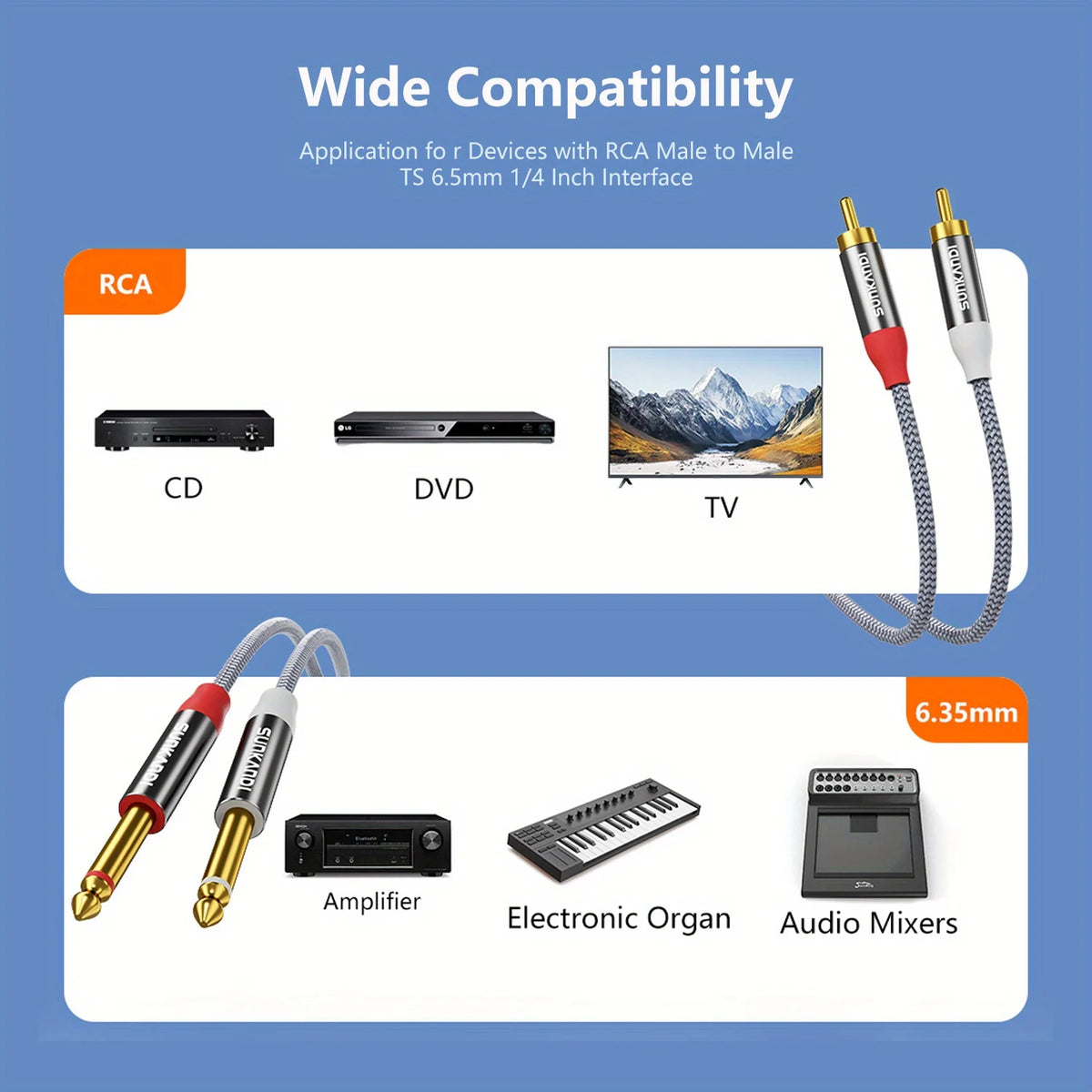 Podwójny kabel audio TS 1/4 cala na 2 RCA
