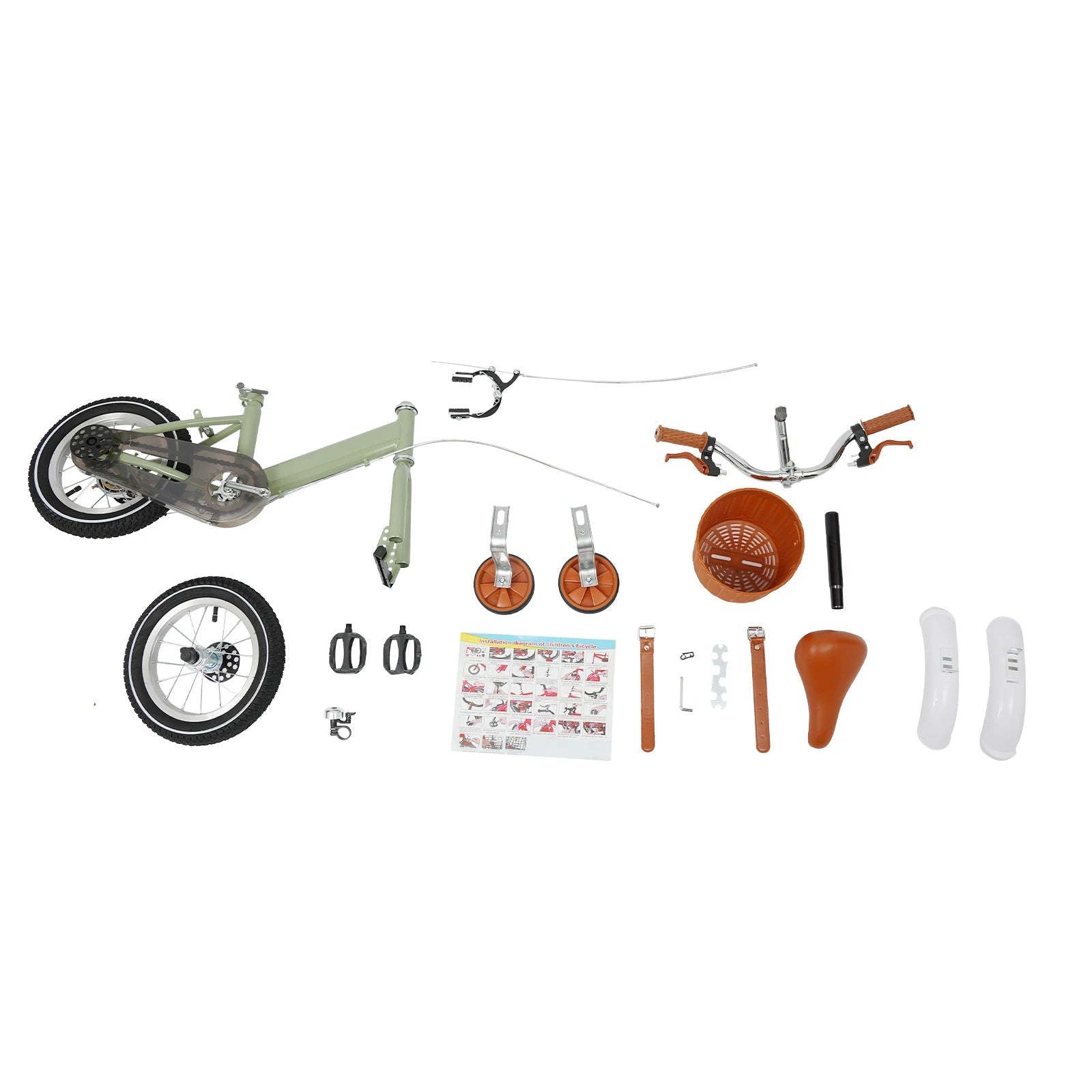 12 Inch Kids Bike w/Training Wheels+Basket, Dual Brakes Adjustable Children's Bicycle Load 40kg for Ages 2-4 (Green/Yellow/Pink)