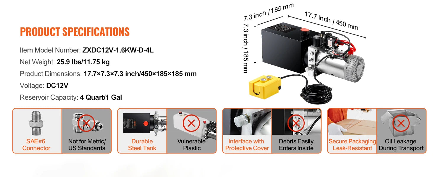 12V Hydraulic Dump Trailer Pump 1.6kW Single Acting Power Unit