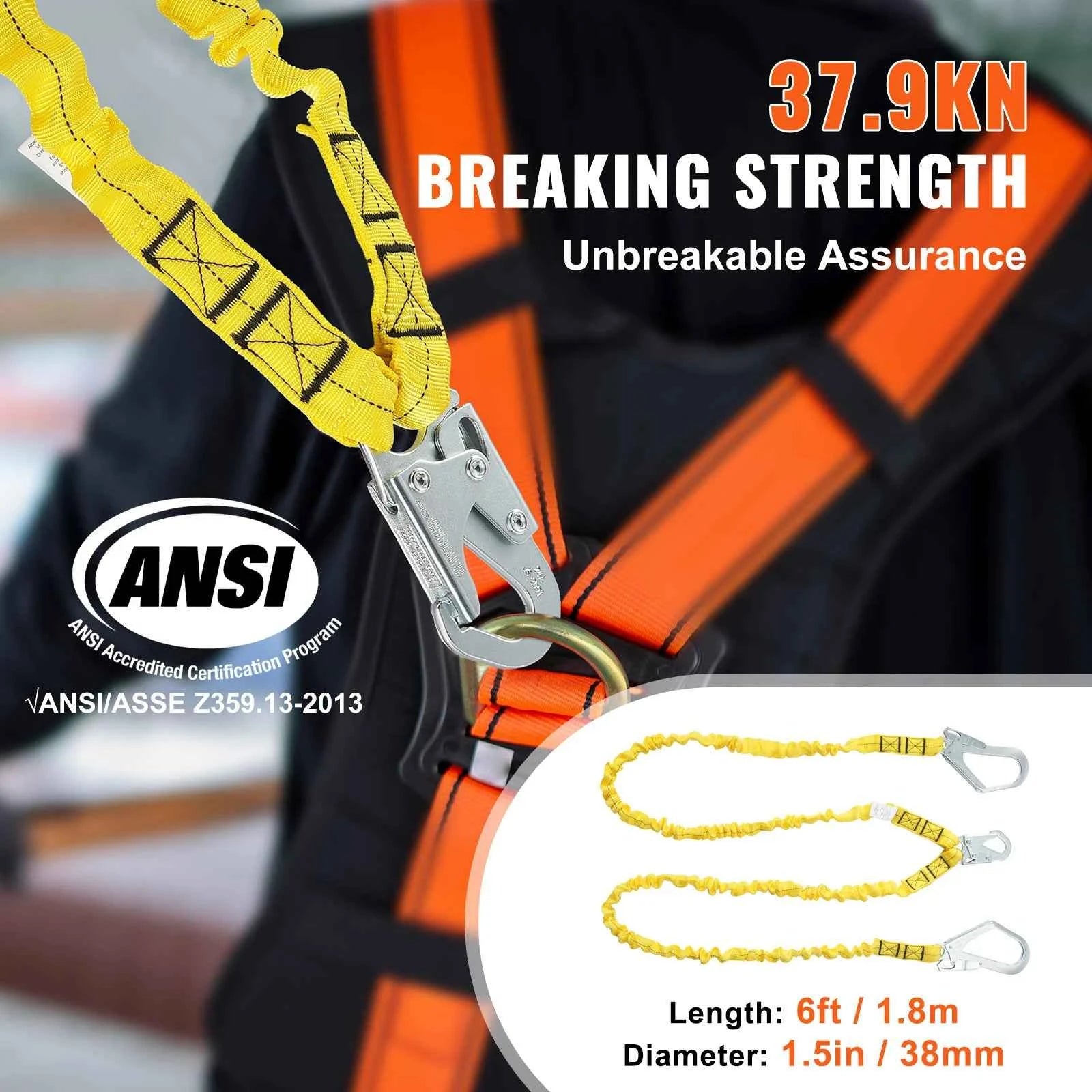 38mm Safety Lanyard 6ft Retractable Fall Protection Belt Yellow