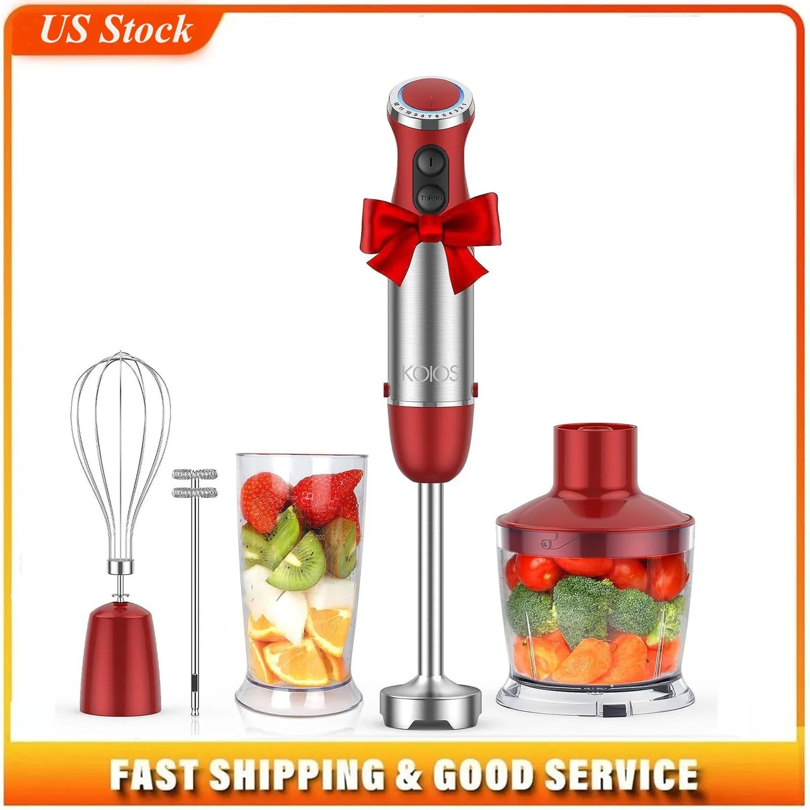 5-in-1 Hand Immersion Blender, 1000W 12 Speed Handheld Blender, Copper Motor Stainless Steel Blade Stick Blender,600ml Mixing Beaker,500ml Food Processor, Whisk, Milk Frother, BPA-Free, Red