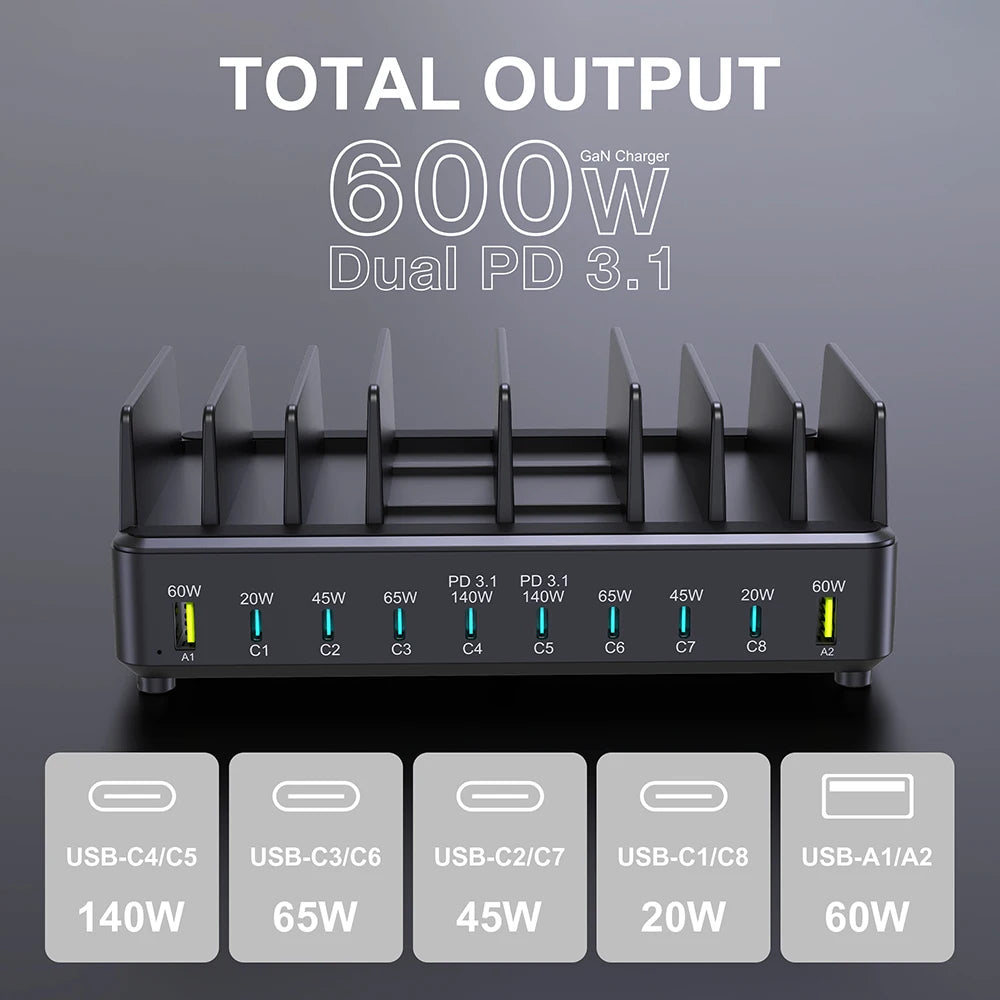 600W 10-Port GaN Fast Charging Station PD 3.1 USB-C Desktop Charger