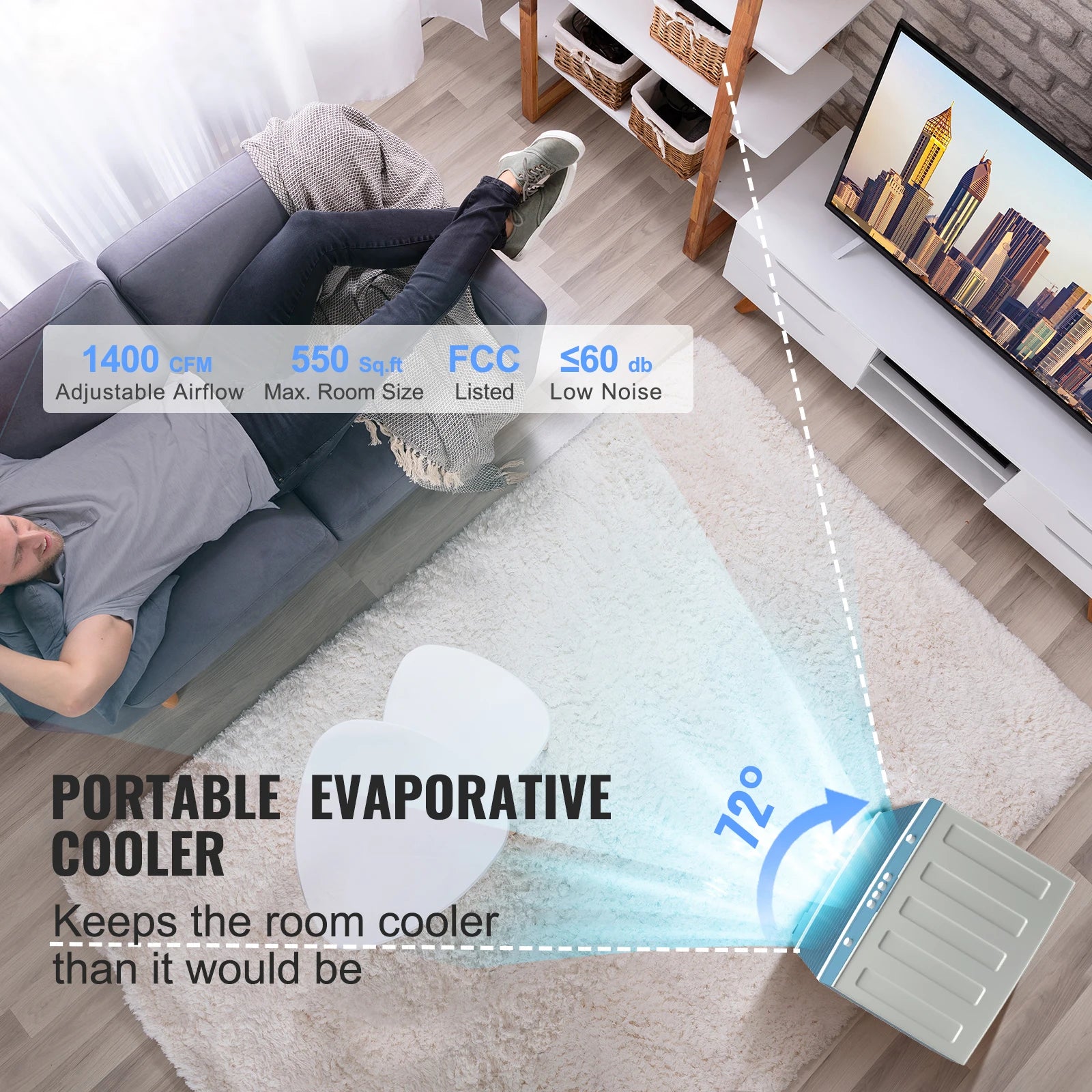 Evaporative Air Cooler with Oscillation, 3 Speeds & 12H Timer