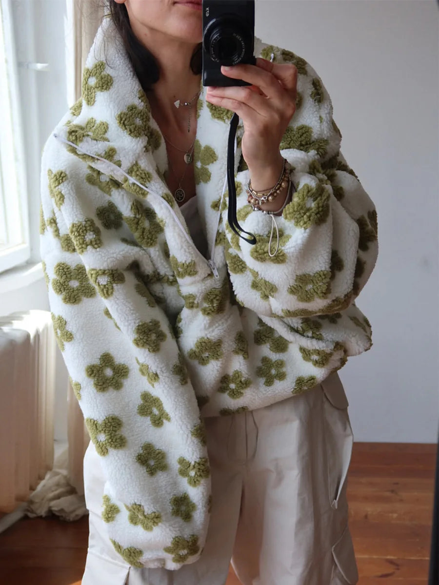 Dames Floral Sherpa Halve Rits Trui – Comfortabele Loszittende Sweater