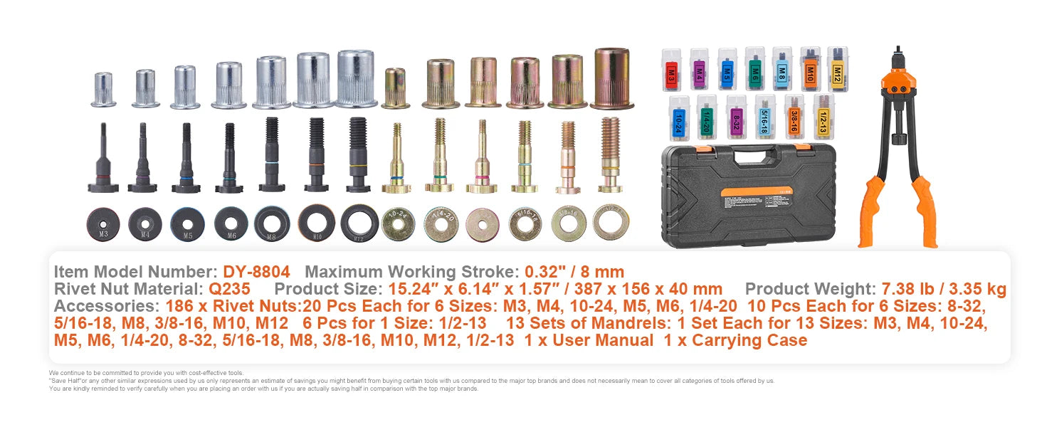 SucceBuy outil rivet nut 14" 16" Rivet Nut Tool kit avec mandrins métriques et SAE 70 pièces/186 pièces Rivet Nuts avec boîtier de transport robuste