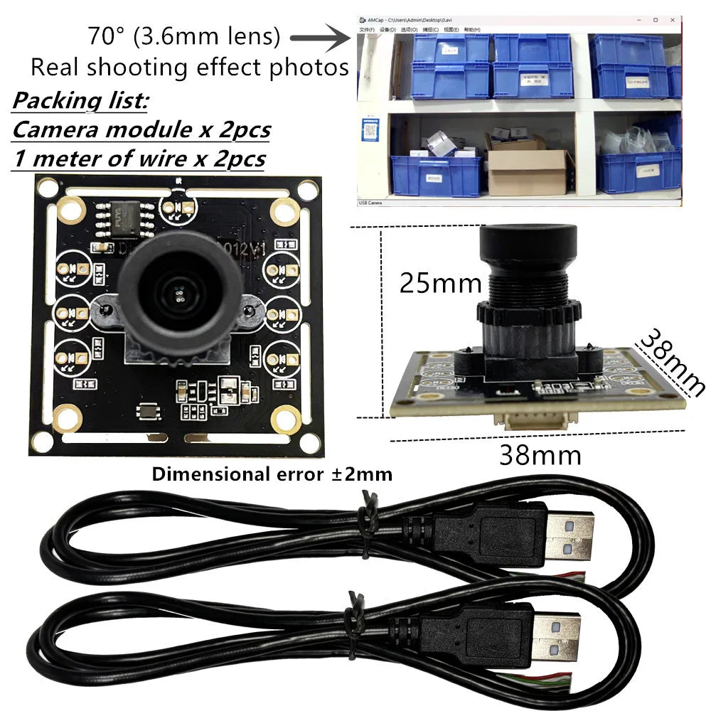 2-Pack 720P USB Camera Module with 180° View and 1m Cable