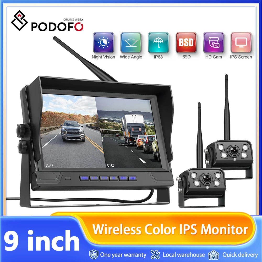 Podofo moniteur automobile IPS 9 pouces avec 2 caméras de recul sans fil IP68 étanche vision nocturne infrarouge caméra de recul pour camping-car