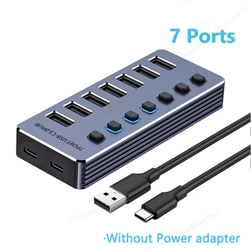 USB-C Hub with Individual Switches, 7 or 10 USB 3.0 Ports