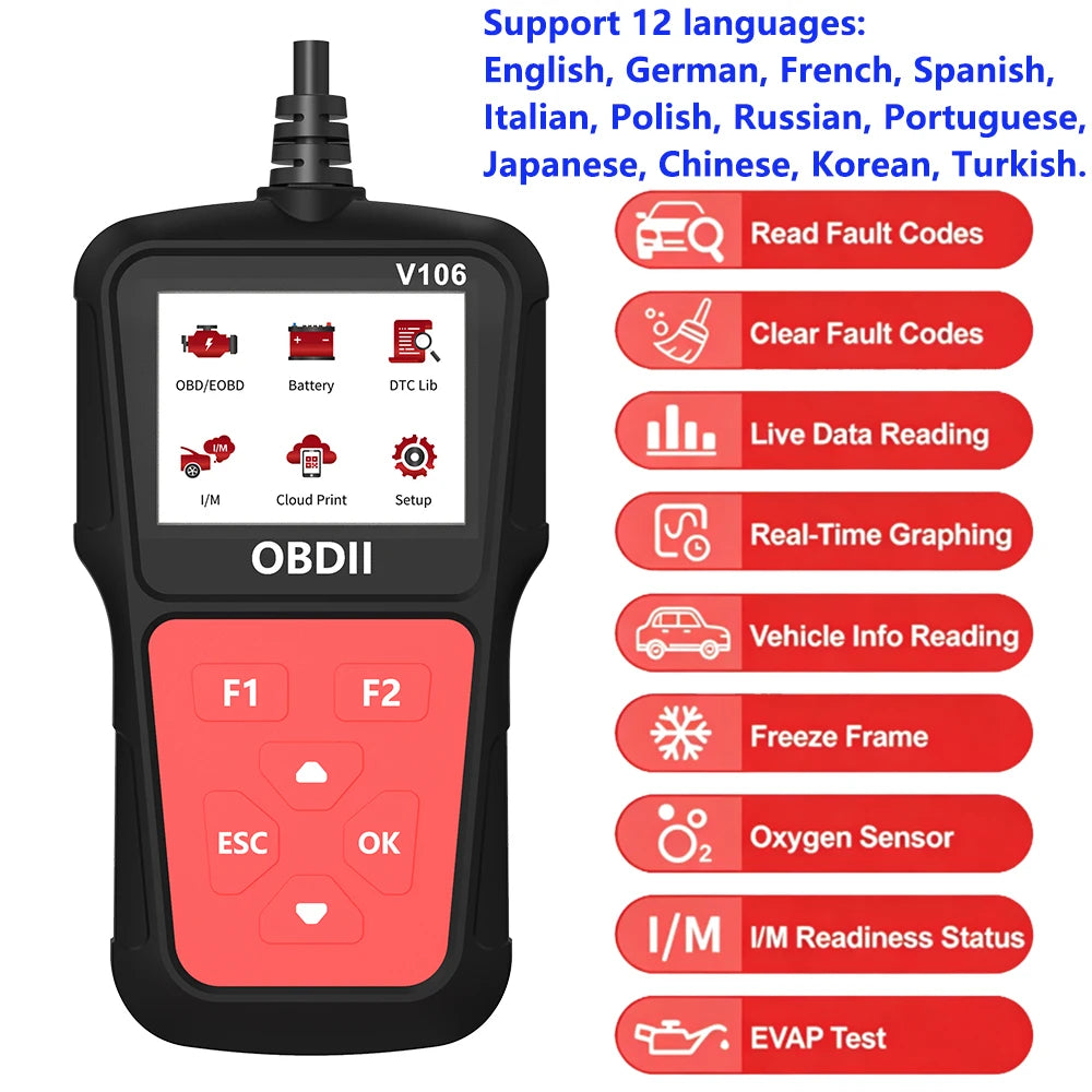 V106 OBD2 Engine Code Reader with Live Data & Colour Screen