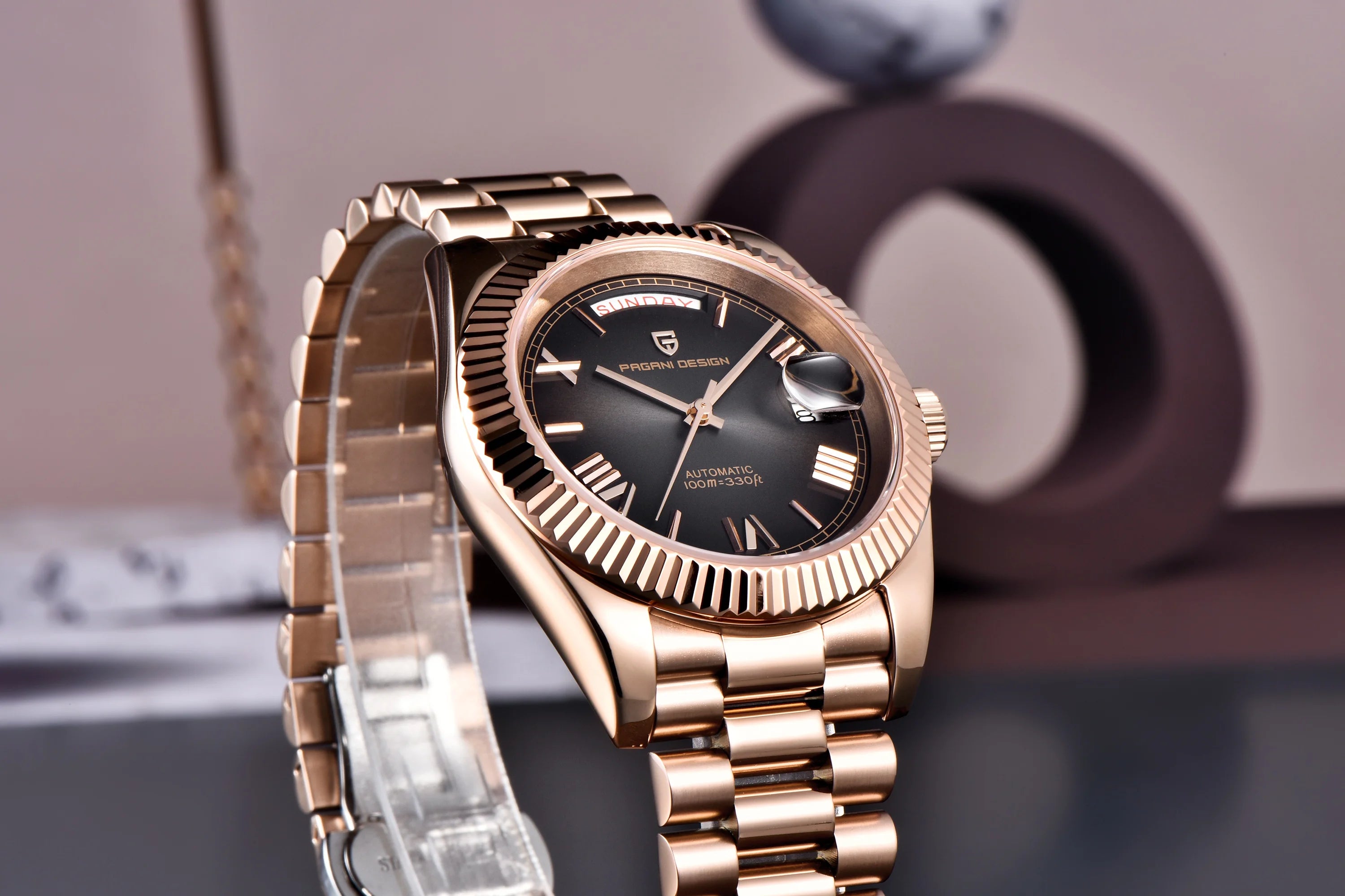 Orologio Meccanico Automatico Uomo Oro Rosa NH36A Zaffiro 10Bar