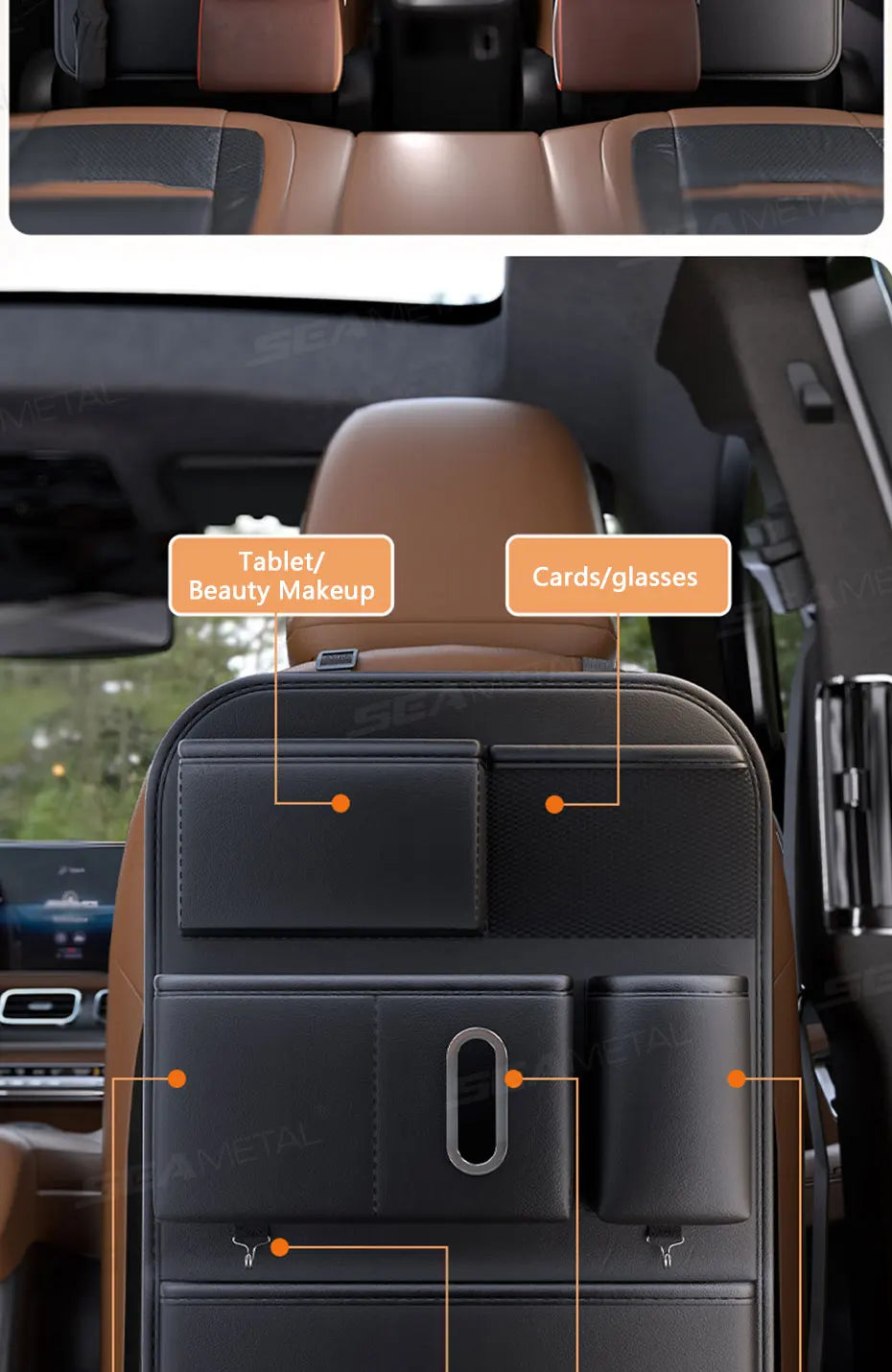 SEAMETAL 6-Pocket Car Seat Back Organizer Premium Pu Durable Car Back Seat Storage Bag Wear-Resistant Waterproof Anti-Kick Pad