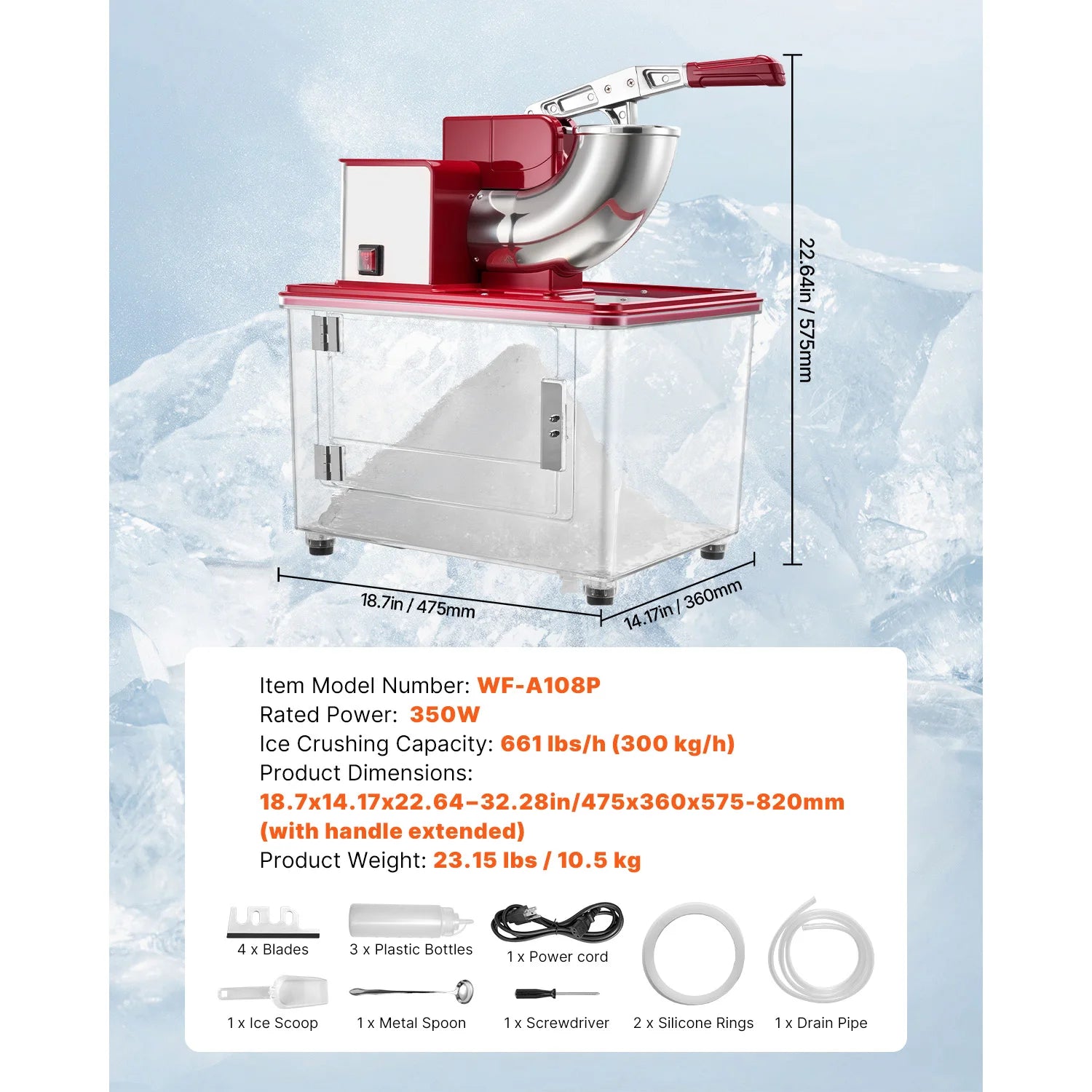 Kommmerciel isknuser 661 lbs/t Elektrisk snekonemaskine 350W