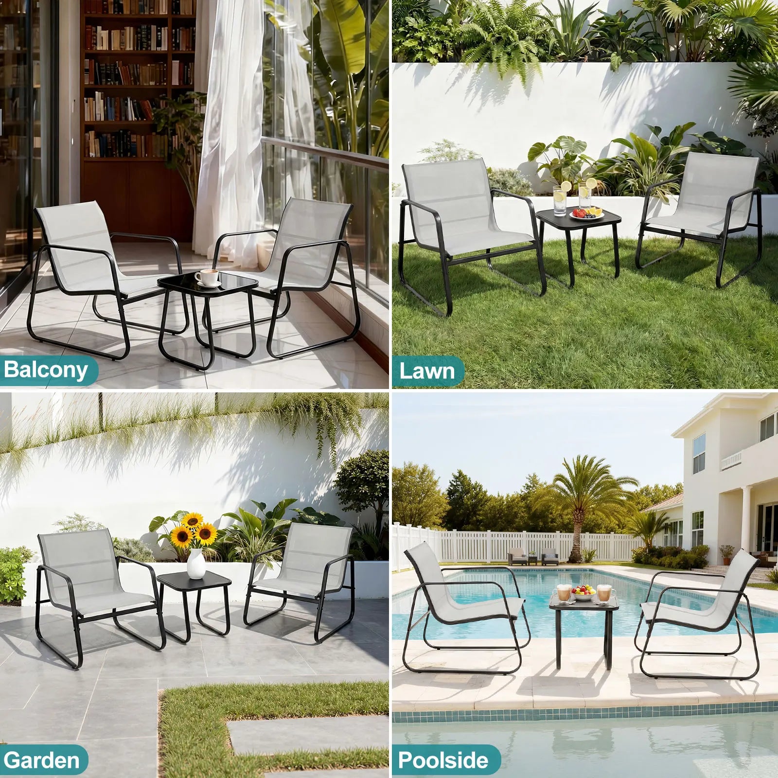 3-delt udendørs havemøbelsæt med metalramme og netstole