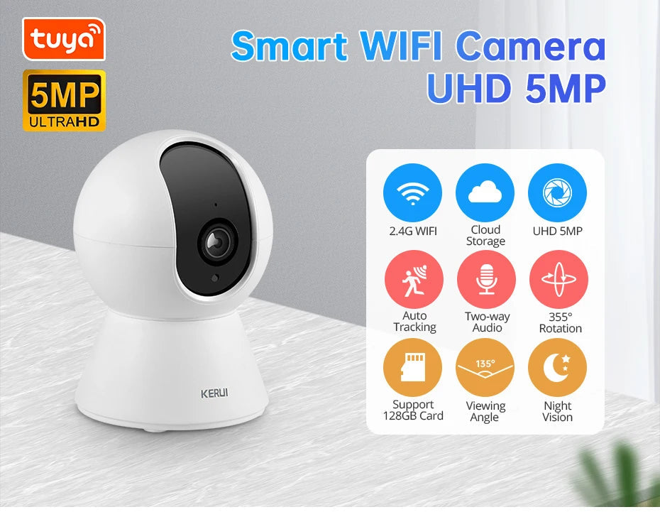 KERUI Mini Indoor Wireless 5MP Tuya Smart WiFi IP Camera Home Security CCTV Surveillance Camera With Auto Tracking Onvif
