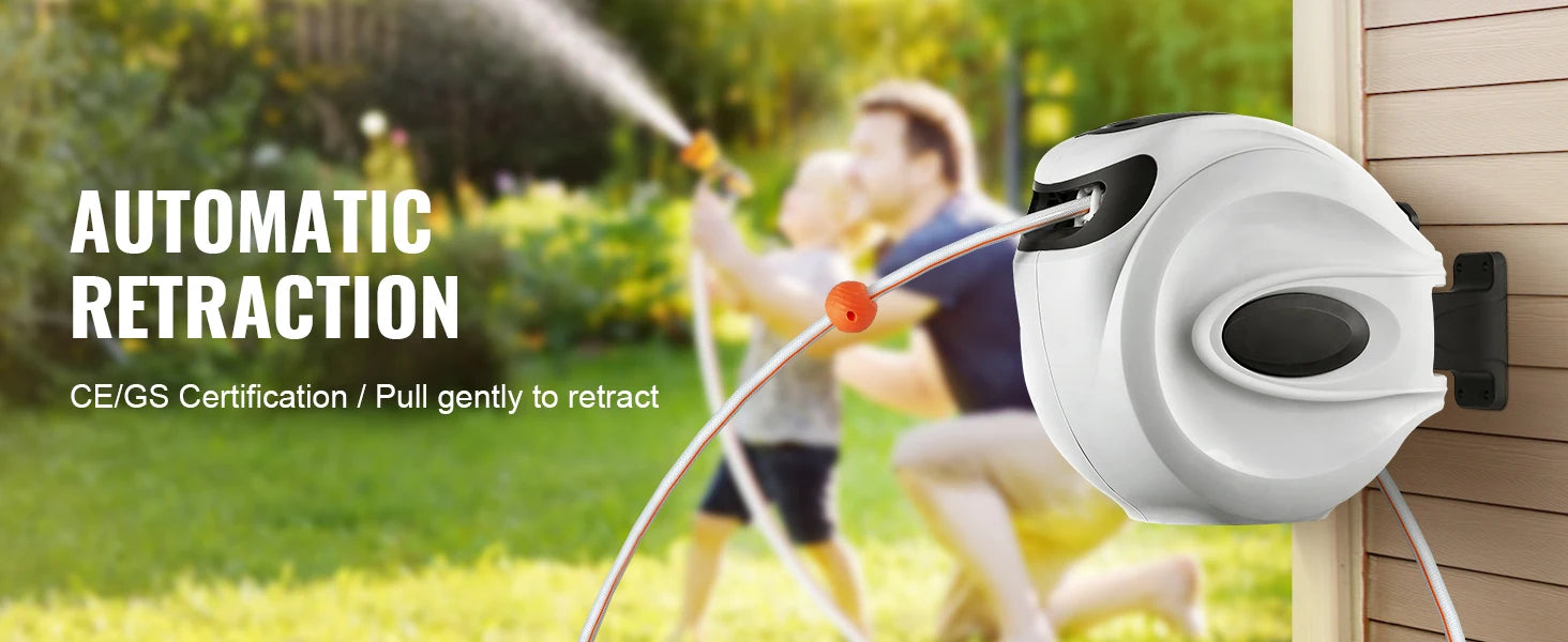 Retractable Hose Reel 1/2 Inch Wall-Mounted with 180° Swivel Bracket and 9-Pattern Nozzle