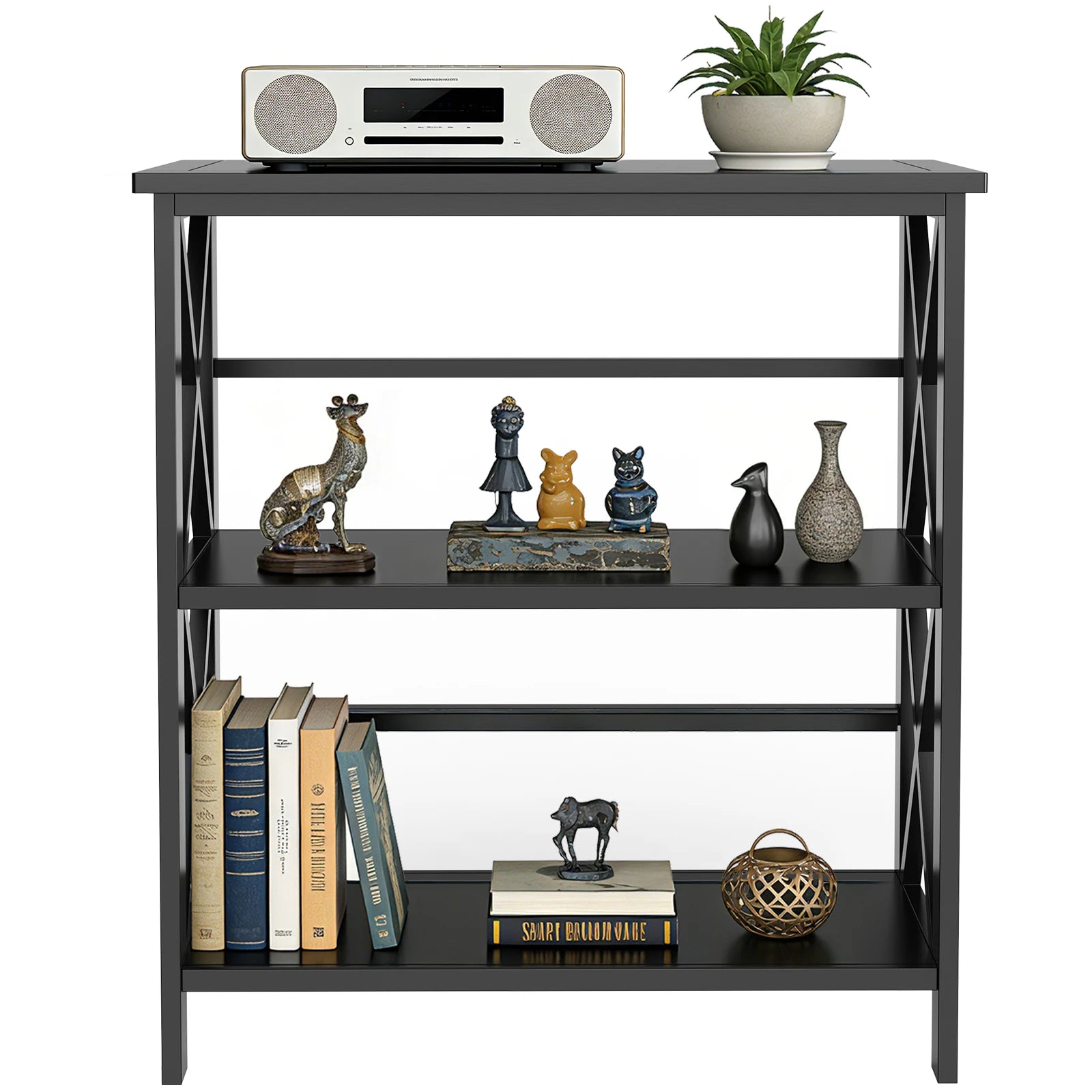 3 Tier Bookshelf Storage Rack with Heavy-Duty Shelves and X-Frame