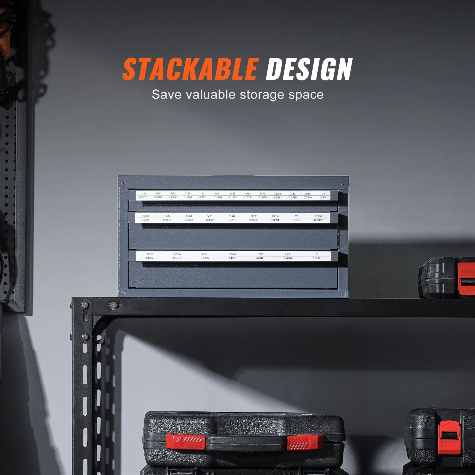 Steel Drill Bit Organizer Cabinet with Drawers and Labeled Slots