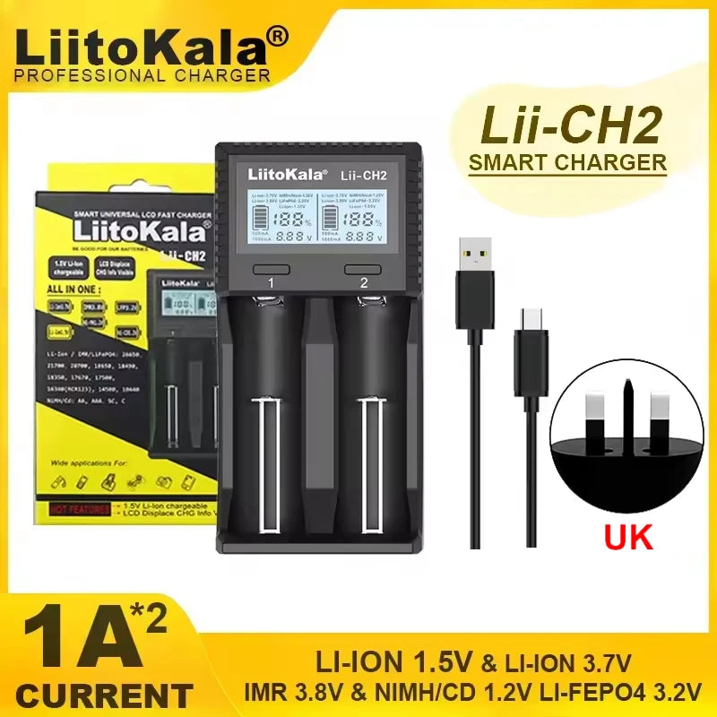 شاحن بطاريات ذكي متعدد الوظائف CH2، بشاشة LCD مزدوجة الفتحات، يدعم بطاريات Li-ion بجهد 1.5V و3.7V و3.8V وLiFePO4 وNi-MH، وبطاريات AA وAAA و18650